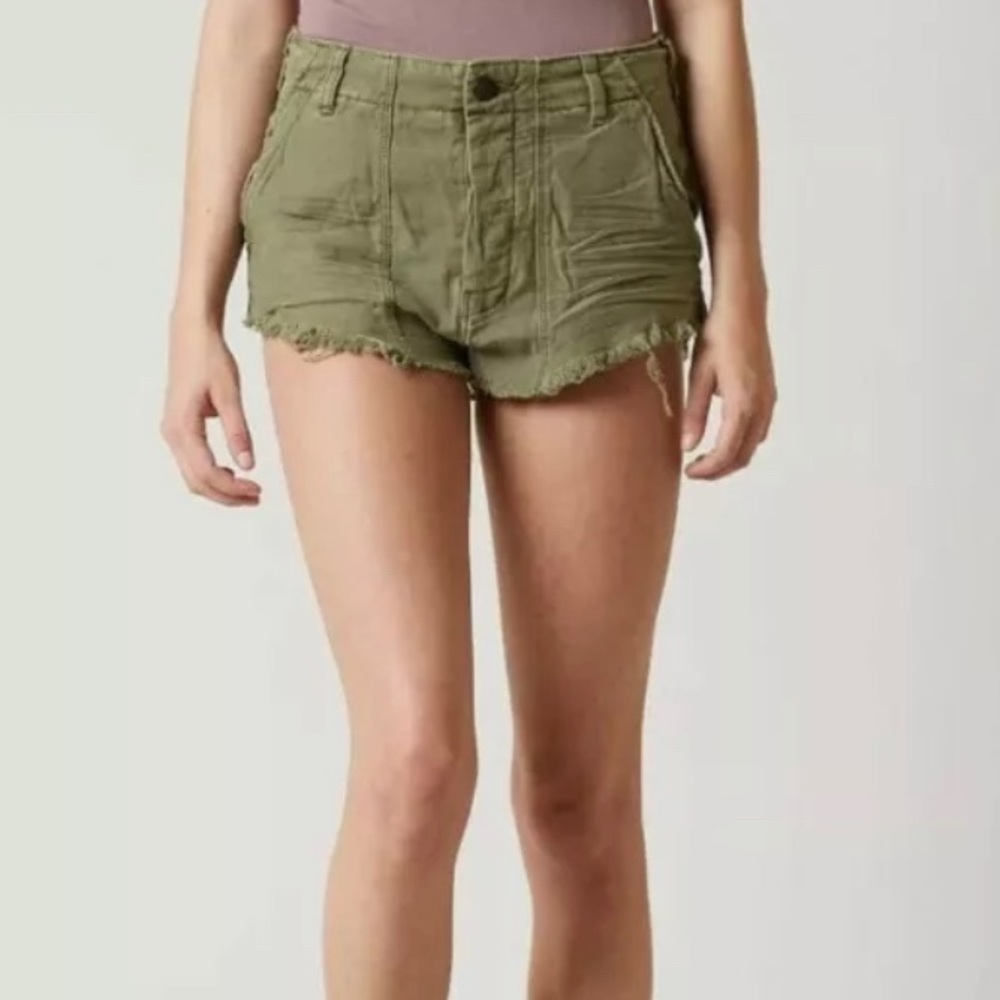 Free People Cut Off Distressed Raw & Patched Shorts Moss Green Size 8